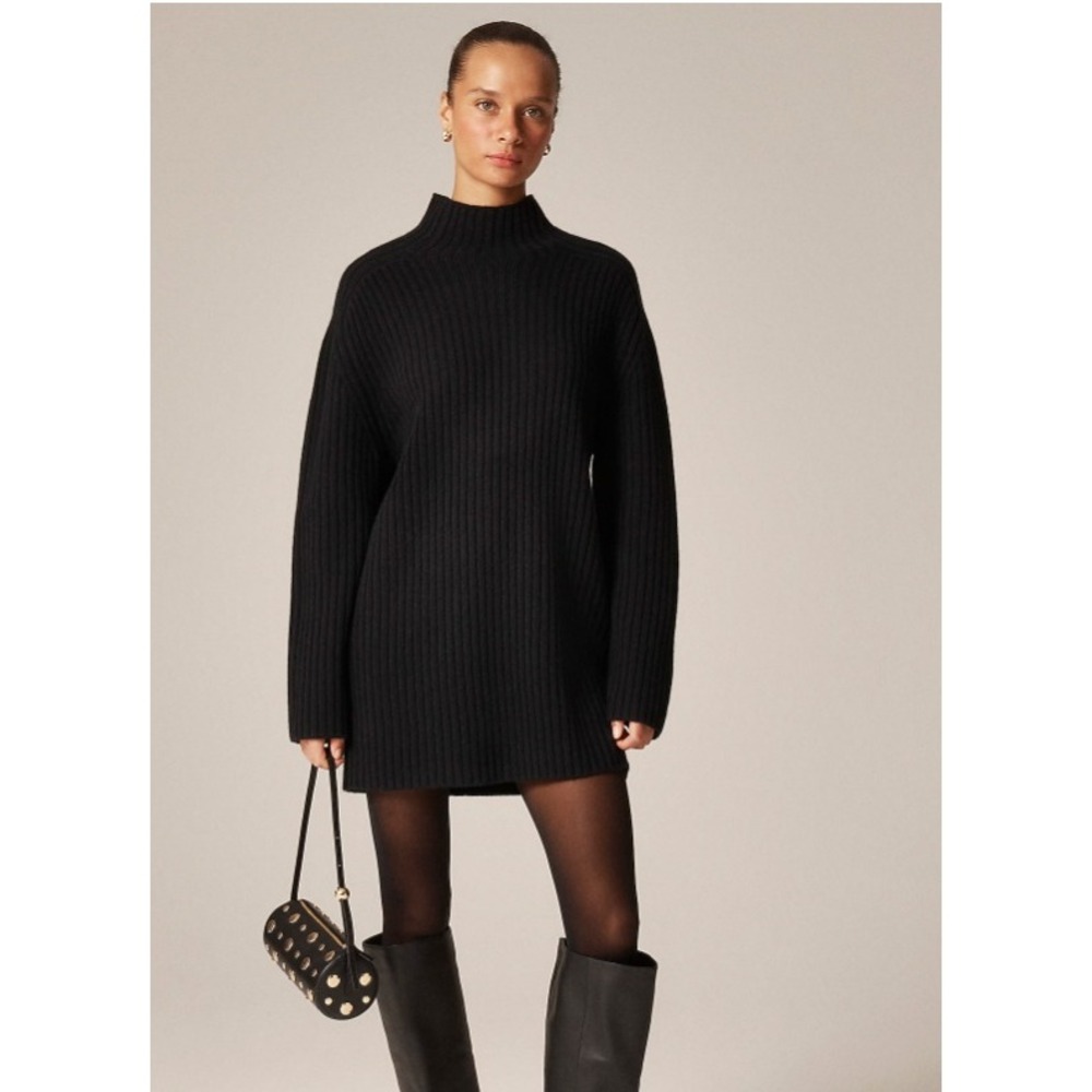 J.Crew Black 100% Lambswool Ribbed Turtle Neck Mini Dress Sweater Size Medium
